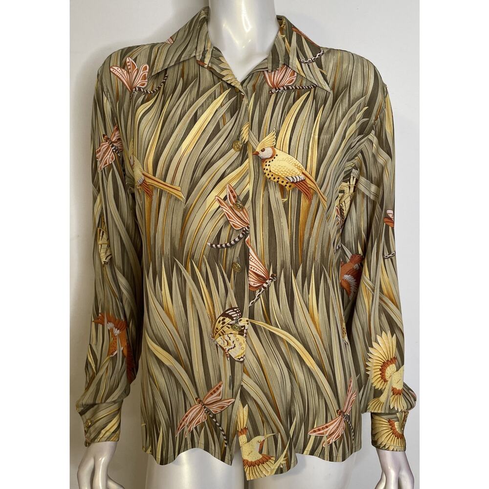 Salvatore Ferragamo Blouse Womens L 10 12 44 Silk Birds Butterfly Dragonfly